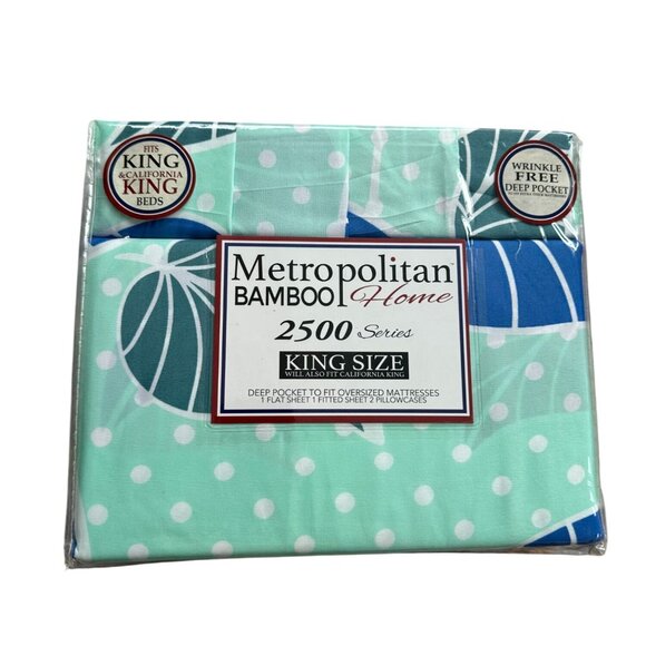 METROPOLITAN 2500 Series King Palm Leaf Print Tropical Size Sheet Set w/ Pillowc - Picture 3 of 5